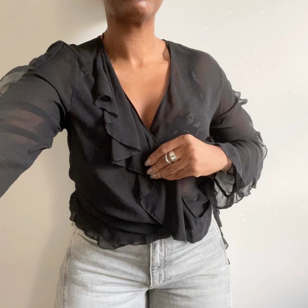 Zara black semi sheer ruffle blouse